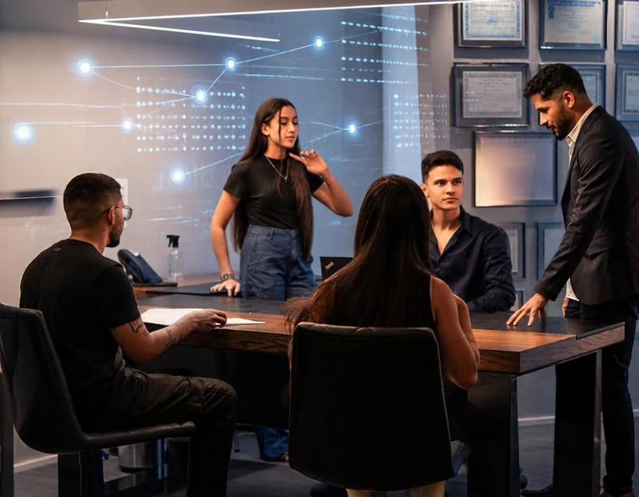 VitiBÁSICO — reunião de equipe em escritório com painel de dados, marketing digital para empresas iniciando, Vitimarketing