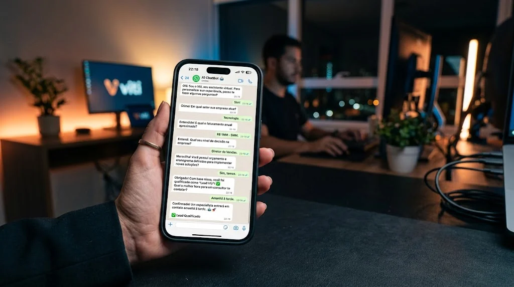 Celular com conversa de qualificação de lead feita por chatbot com IA no WhatsApp