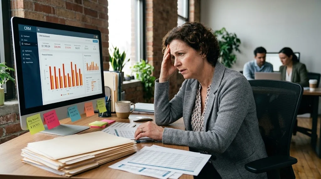 Empresária preocupada diante do painel de CRM e de pilhas de papéis, sem controle das vendas